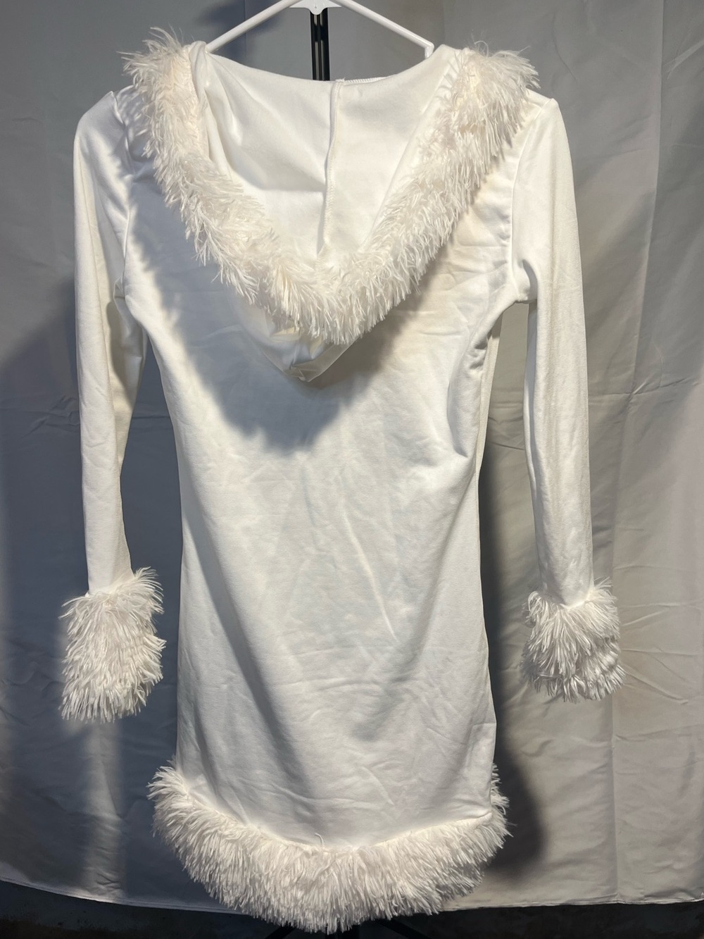 festive Y2K white long-sleeve bodycon Hooded Fur Mini dress SZ S - Picture 4 of 6
